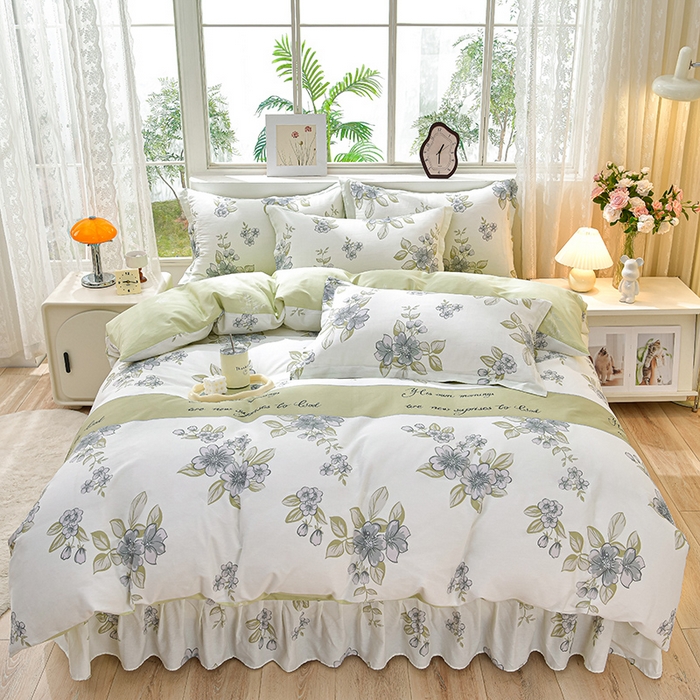 91家纺网 家纺一手货源 找家纺 绘萱家居 2025新款100%全棉床裙款斜纹印花四件套 悠然