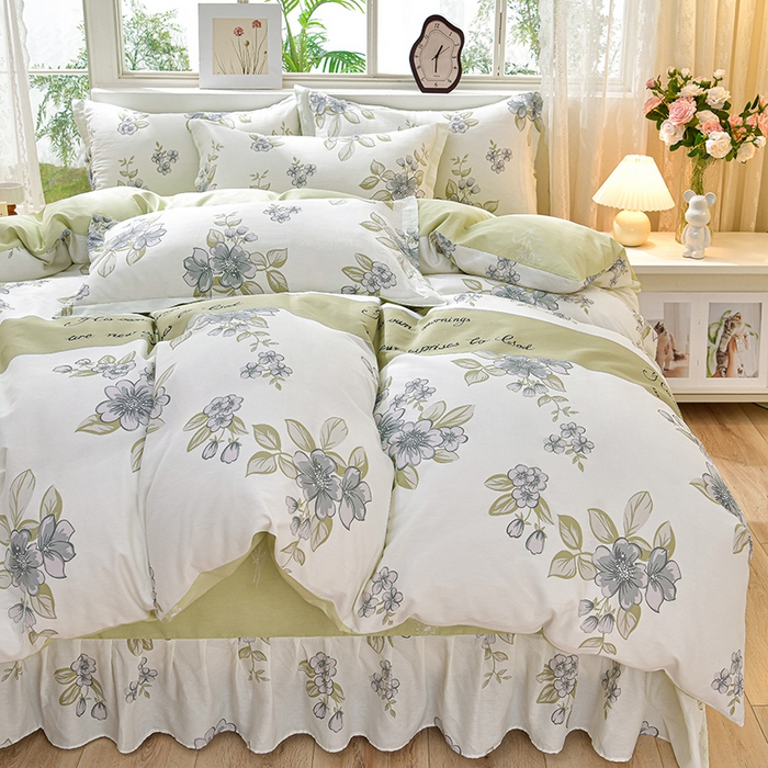 91家纺网 家纺一手货源 找家纺 绘萱家居 2025新款100%全棉床裙款斜纹印花四件套 悠然