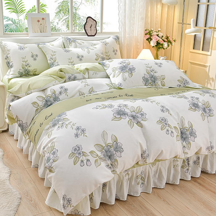 91家纺网 家纺一手货源 找家纺 绘萱家居 2025新款100%全棉床裙款斜纹印花四件套 悠然