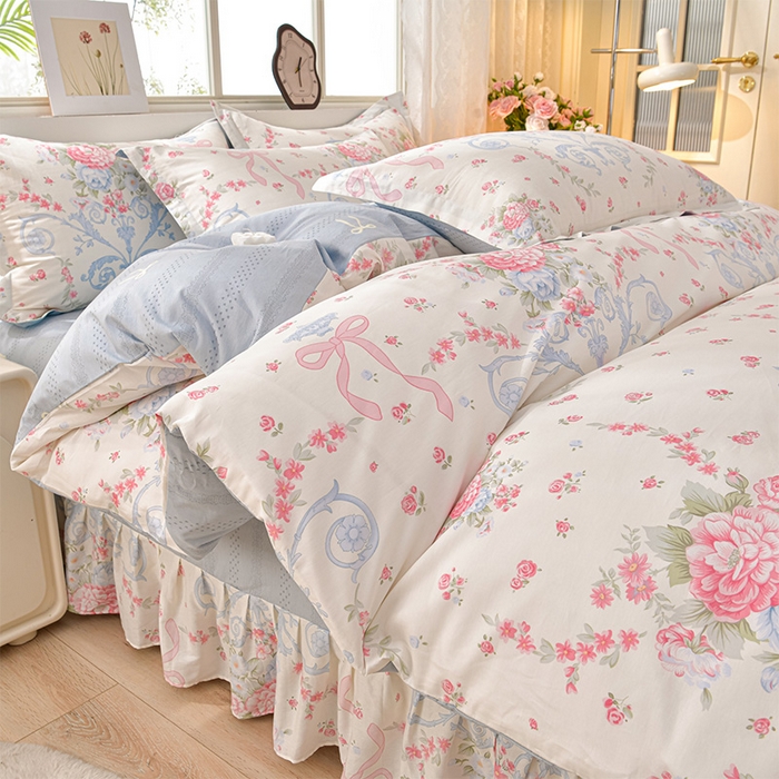 91家纺网 家纺一手货源 找家纺 绘萱家居 2025新款100%全棉床裙款斜纹印花四件套 优雅恋人