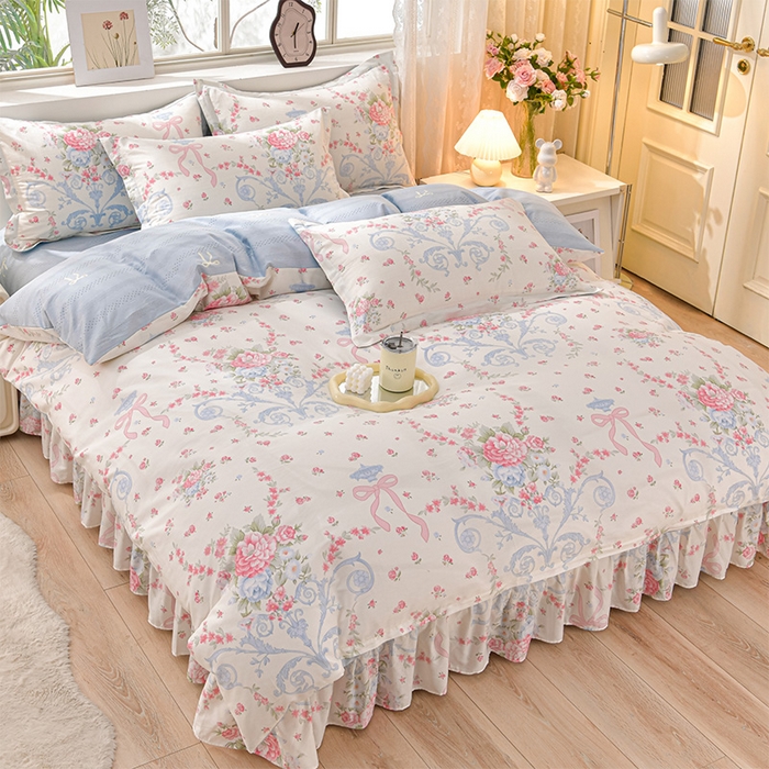 绘萱家居 2025新款100%全棉床裙款斜纹印花四件套 优雅恋人