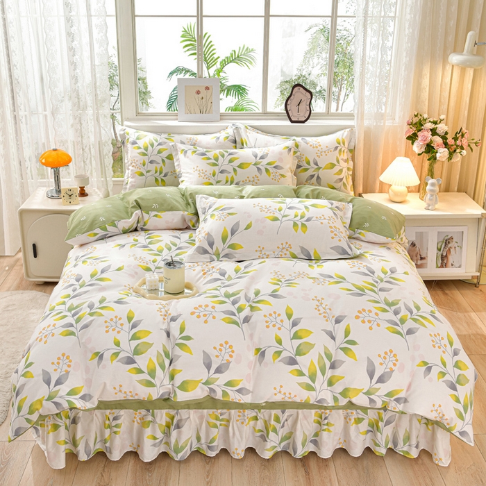 91家纺网 家纺一手货源 找家纺 绘萱家居 2025新款100%全棉床裙款斜纹印花四件套 叶之恋
