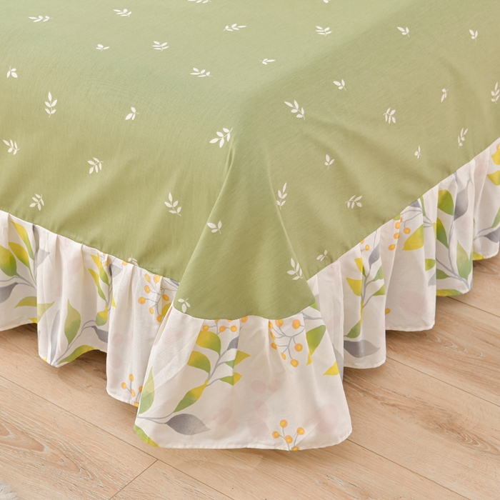 91家纺网 家纺一手货源 找家纺 绘萱家居 2025新款100%全棉床裙款斜纹印花四件套 叶之恋