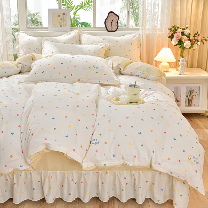 91家纺网 家纺一手货源 找家纺 绘萱家居 2025新款100%全棉床裙款斜纹印花四件套 星光灿烂