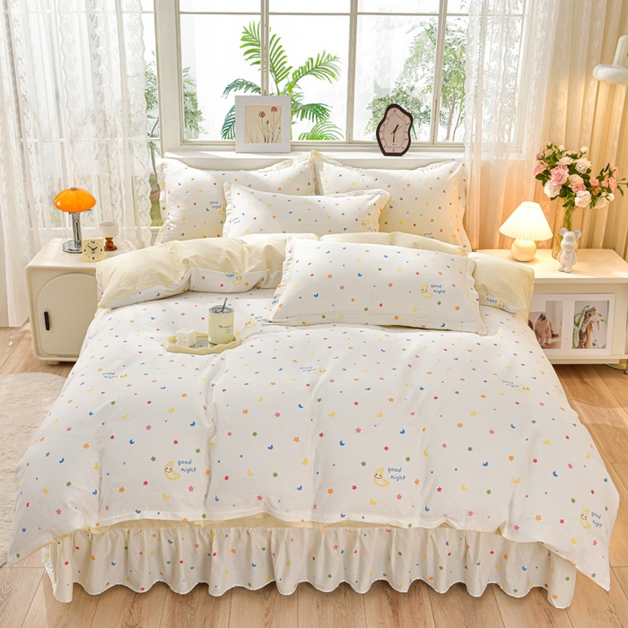 91家纺网 家纺一手货源 找家纺 绘萱家居 2025新款100%全棉床裙款斜纹印花四件套 星光灿烂