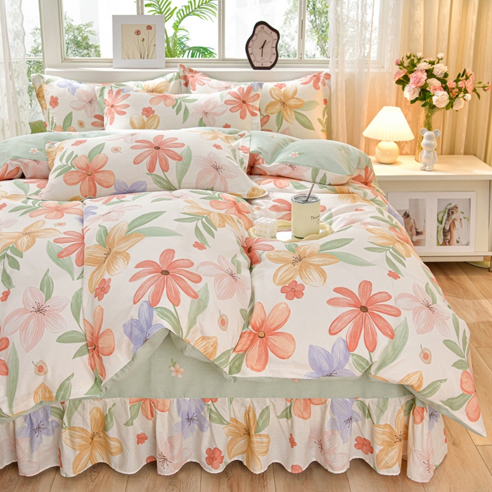 91家纺网 家纺一手货源 找家纺 绘萱家居 2025新款100%全棉床裙款斜纹印花四件套 温情初夏