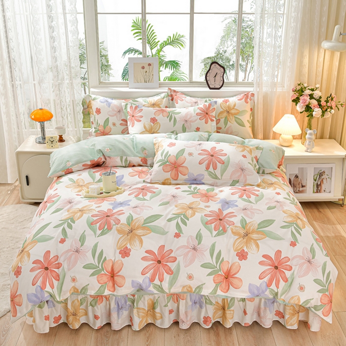 91家纺网 家纺一手货源 找家纺 绘萱家居 2025新款100%全棉床裙款斜纹印花四件套 温情初夏