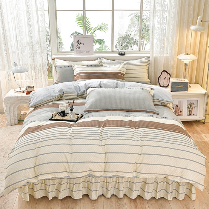 91家纺网 家纺一手货源 找家纺 绘萱家居 2025新款100%全棉床裙款斜纹印花四件套 素条