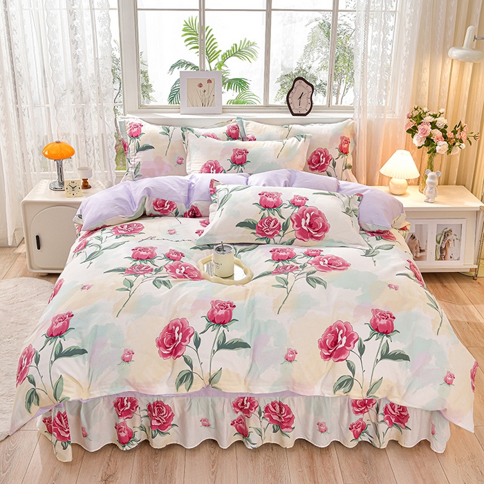 91家纺网 家纺一手货源 找家纺 绘萱家居 2025新款100%全棉床裙款斜纹印花四件套 三生三世