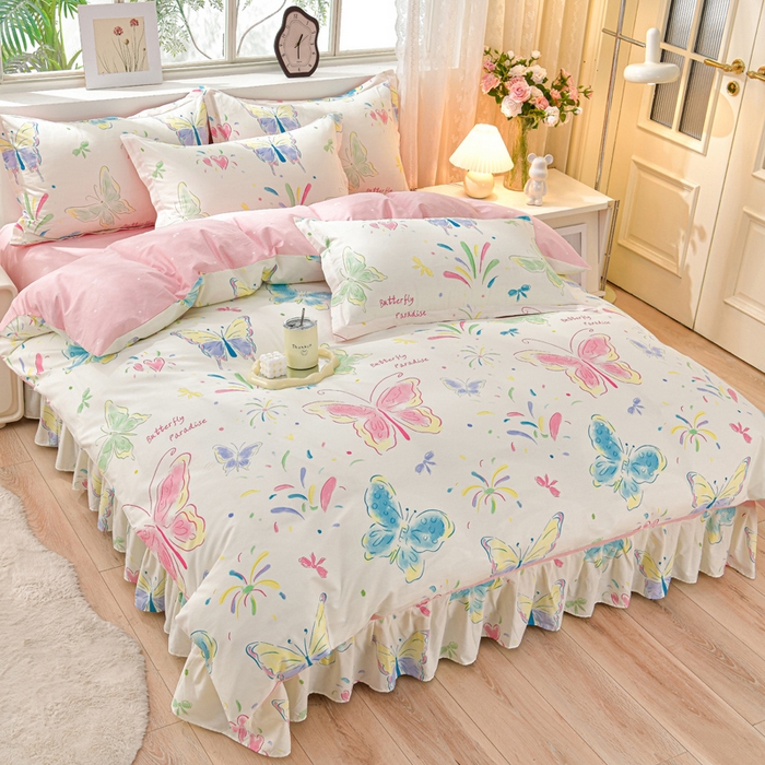 绘萱家居 2025新款100%全棉床裙款斜纹印花四件套 轻舞飞扬