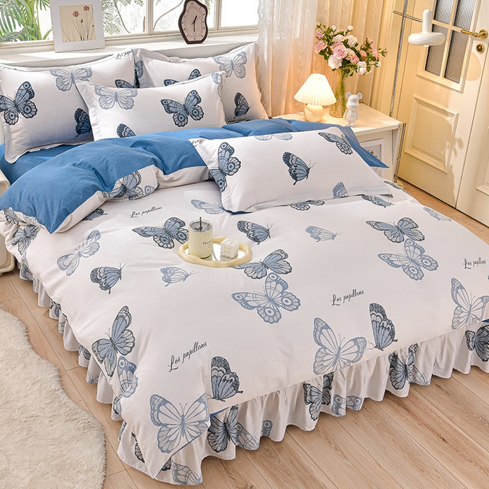 绘萱家居 2025新款100%全棉床裙款斜纹印花四件套 翩翩蝴蝶