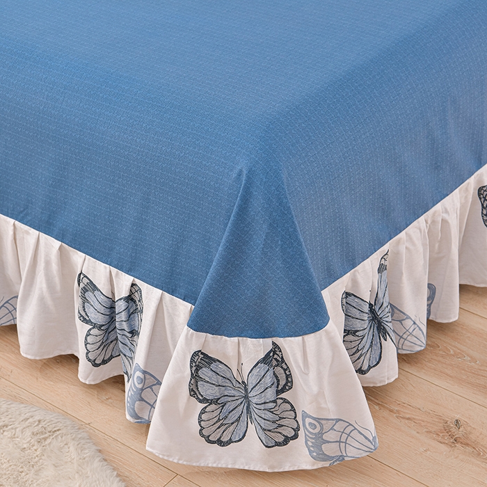 91家纺网 家纺一手货源 找家纺 绘萱家居 2025新款100%全棉床裙款斜纹印花四件套 翩翩蝴蝶