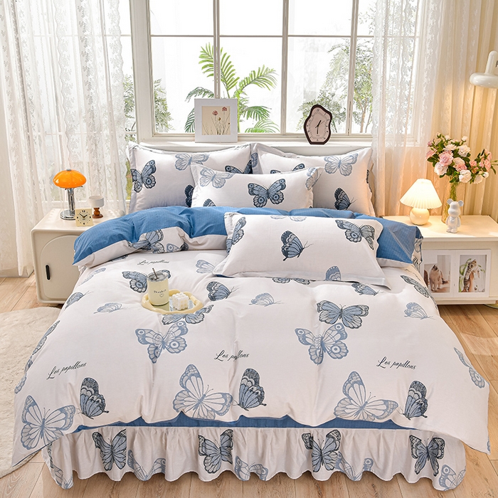 91家纺网 家纺一手货源 找家纺 绘萱家居 2025新款100%全棉床裙款斜纹印花四件套 翩翩蝴蝶