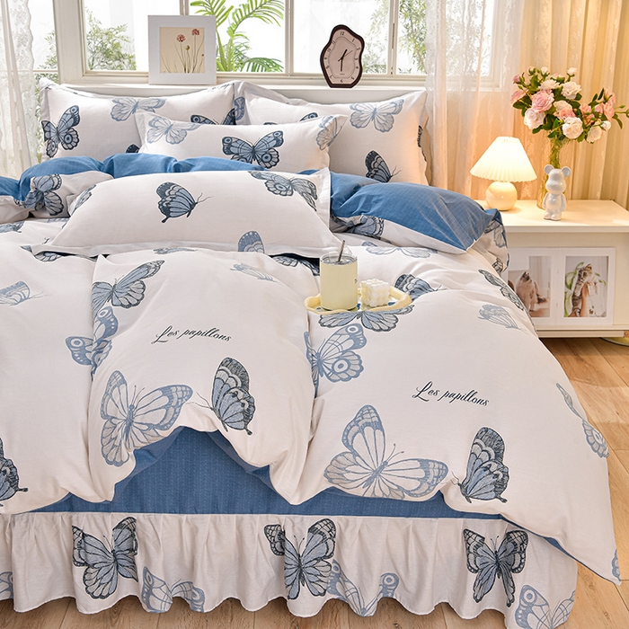 91家纺网 家纺一手货源 找家纺 绘萱家居 2025新款100%全棉床裙款斜纹印花四件套 翩翩蝴蝶