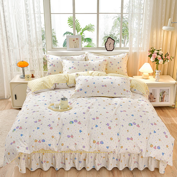 91家纺网 家纺一手货源 找家纺 绘萱家居 2025新款100%全棉床裙款斜纹印花四件套 南瓜派对