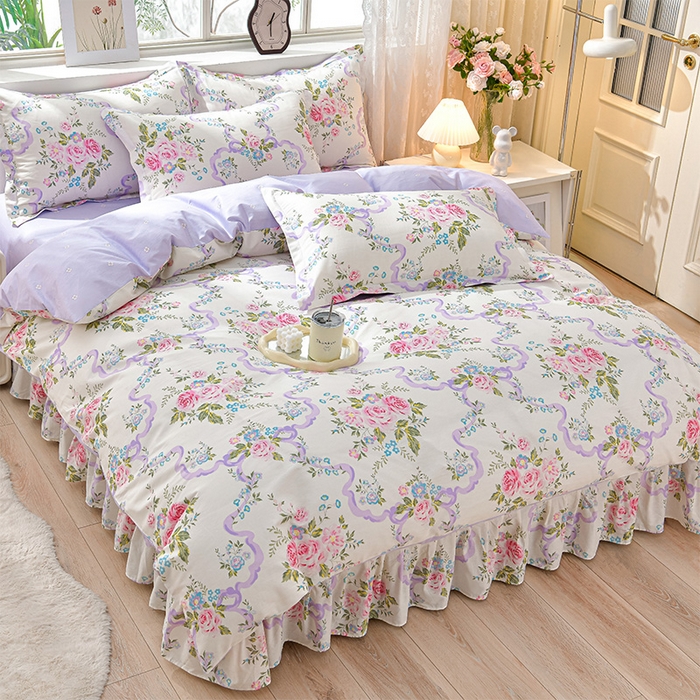 绘萱家居 2025新款100%全棉床裙款斜纹印花四件套 沐雅之风