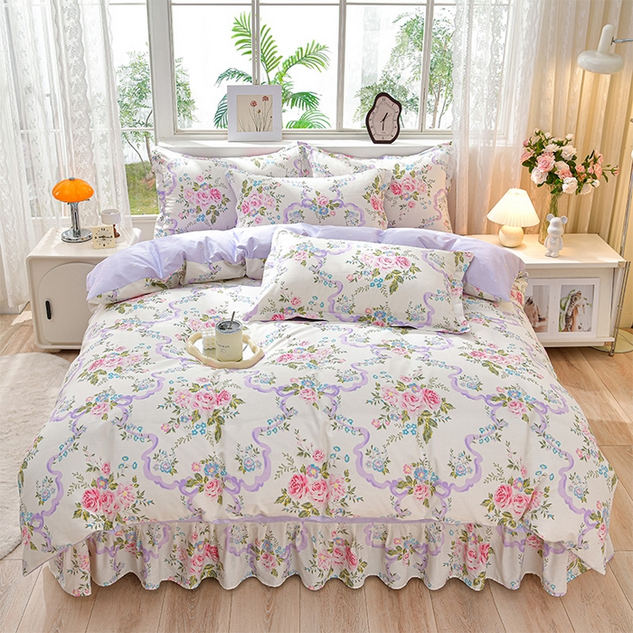 91家纺网 家纺一手货源 找家纺 绘萱家居 2025新款100%全棉床裙款斜纹印花四件套 沐雅之风