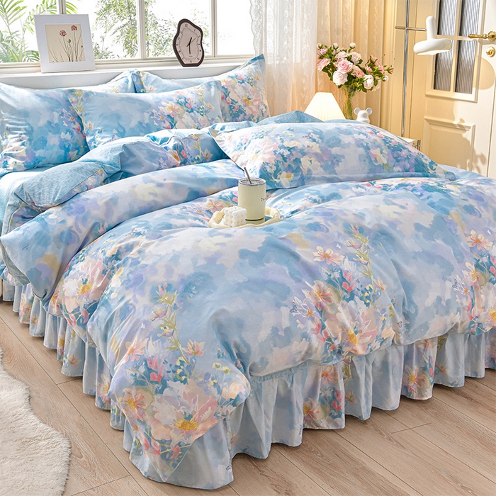 91家纺网 家纺一手货源 找家纺 （总）绘萱家居 2025新款100%全棉床裙款斜纹印花四件套