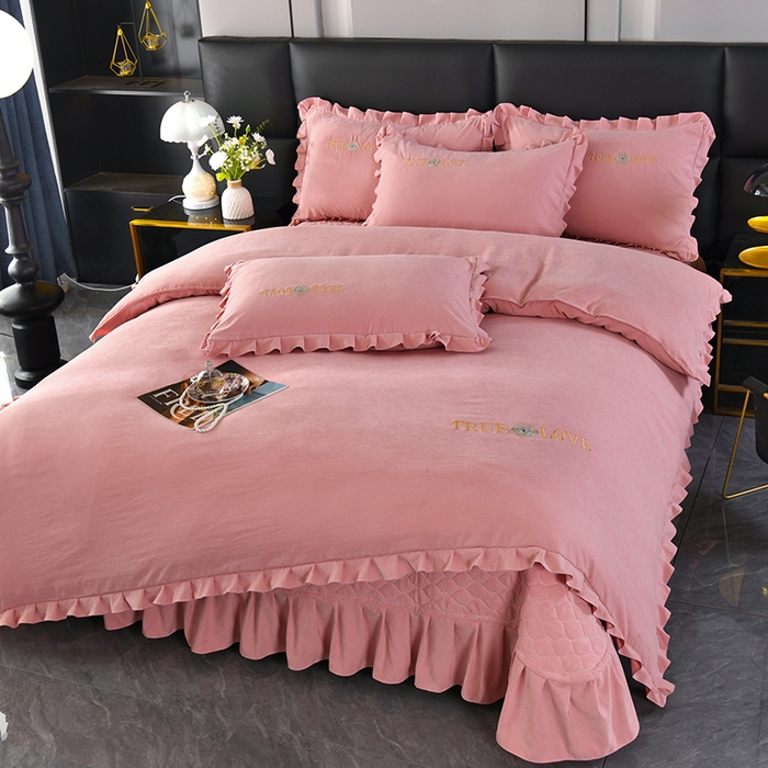 91家纺网 家纺一手货源 找家纺 代芙 2022新款加厚磨毛双边床裙单品三件套 麦穗