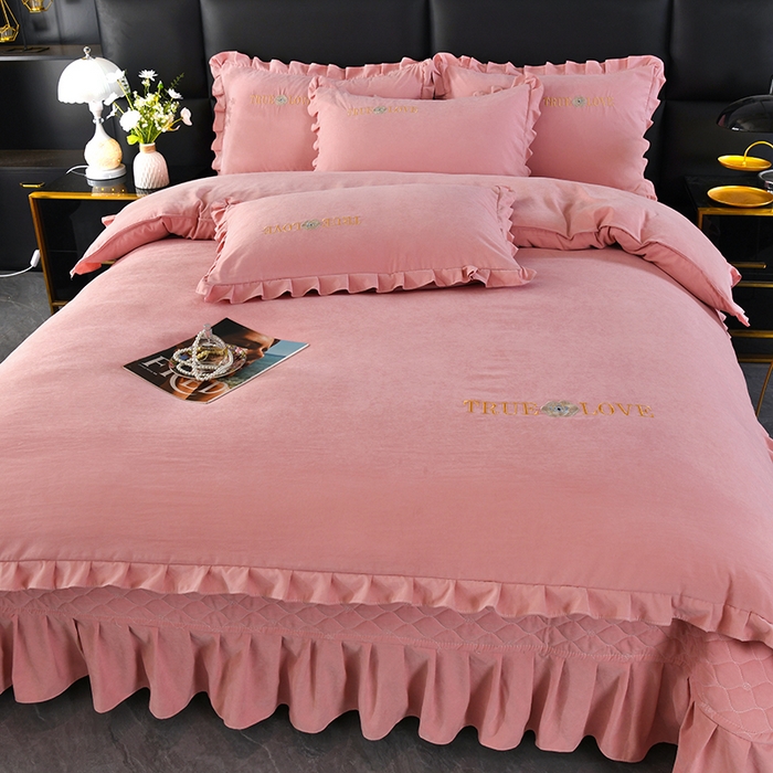 91家纺网 家纺一手货源 找家纺 代芙家纺 2025新款锦棉床盖四件套-花边款 花香-花边款-豆沙粉