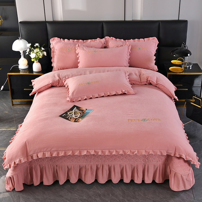 91家纺网 家纺一手货源 找家纺 代芙家纺 2025新款锦棉床盖四件套-花边款 花香-花边款-豆沙粉