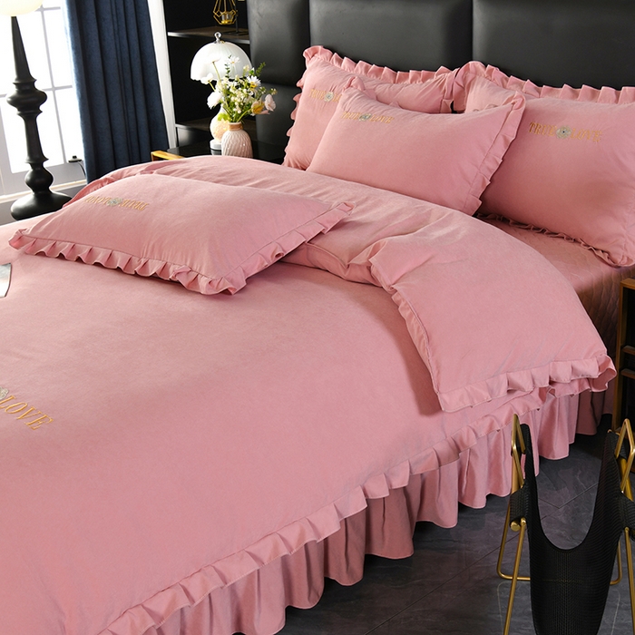 91家纺网 家纺一手货源 找家纺 代芙家纺 2025新款锦棉床盖四件套-花边款 花香-花边款-豆沙粉