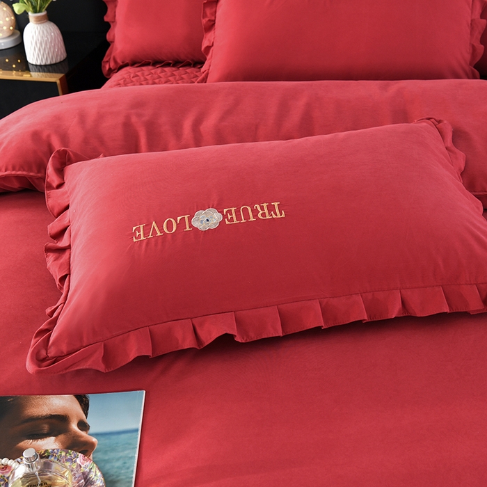 91家纺网 家纺一手货源 找家纺 代芙家纺 2025新款锦棉床盖四件套-花边款 花香-花边款-酒红