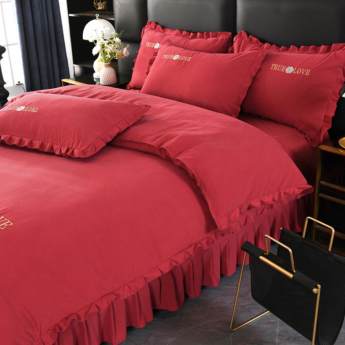 91家纺网 家纺一手货源 找家纺 代芙家纺 2025新款锦棉床盖四件套-花边款 花香-花边款-酒红