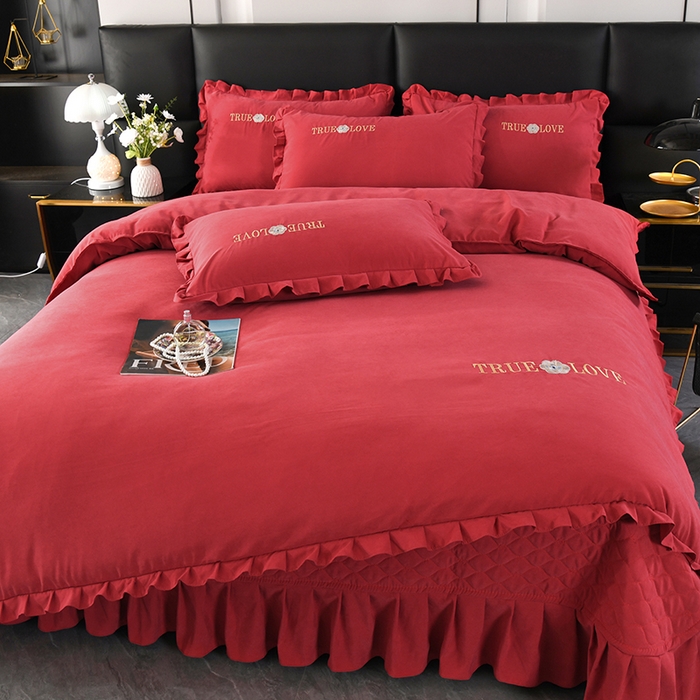 91家纺网 家纺一手货源 找家纺 代芙家纺 2025新款锦棉床盖四件套-花边款 花香-花边款-酒红