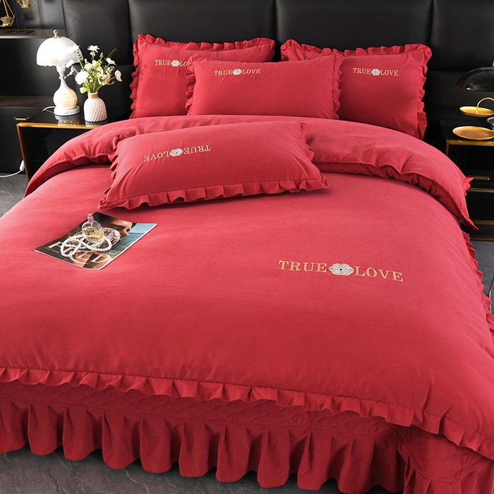 91家纺网 家纺一手货源 找家纺 代芙家纺 2025新款锦棉床盖四件套-花边款 花香-花边款-酒红