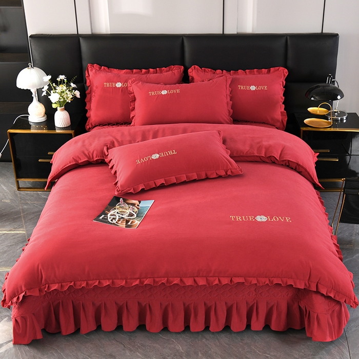 91家纺网 家纺一手货源 找家纺 代芙家纺 2025新款锦棉床盖四件套-花边款 花香-花边款-酒红