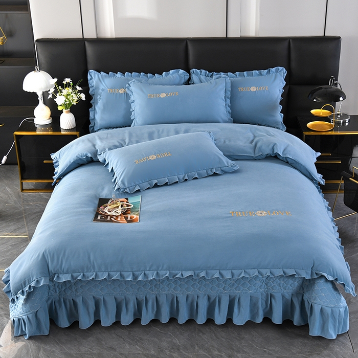 91家纺网 家纺一手货源 找家纺 代芙家纺 2025新款锦棉床盖四件套-花边款 花香-花边款-绅士蓝