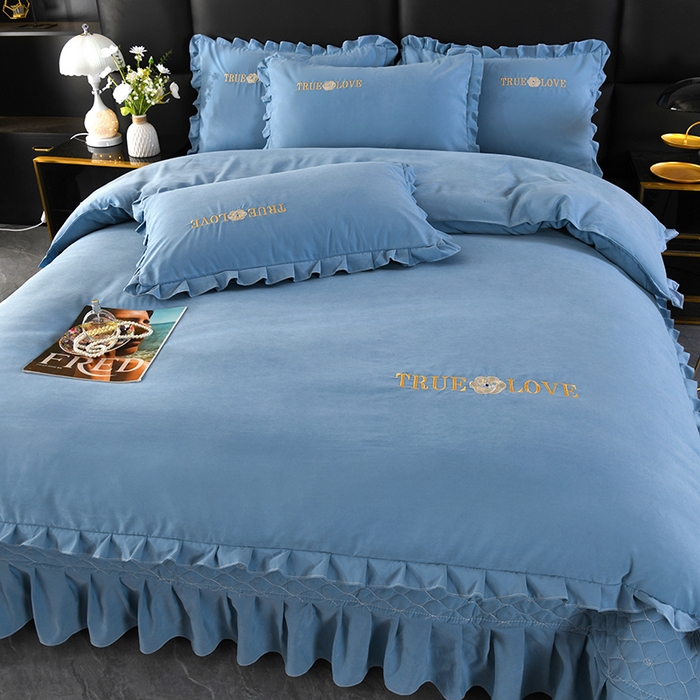 91家纺网 家纺一手货源 找家纺 代芙家纺 2025新款锦棉床盖四件套-花边款 花香-花边款-绅士蓝