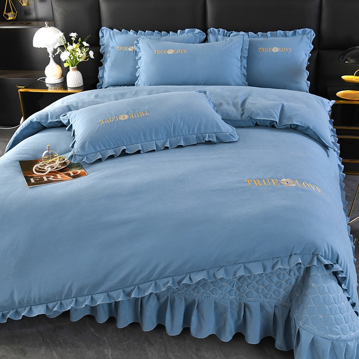 91家纺网 家纺一手货源 找家纺 代芙家纺 2025新款锦棉床盖四件套-花边款 花香-花边款-绅士蓝