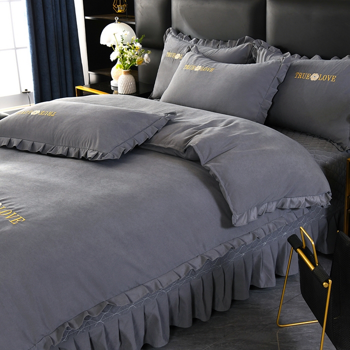 91家纺网 家纺一手货源 找家纺 代芙家纺 2025新款锦棉床盖四件套-花边款 花香-花边款-雅灰