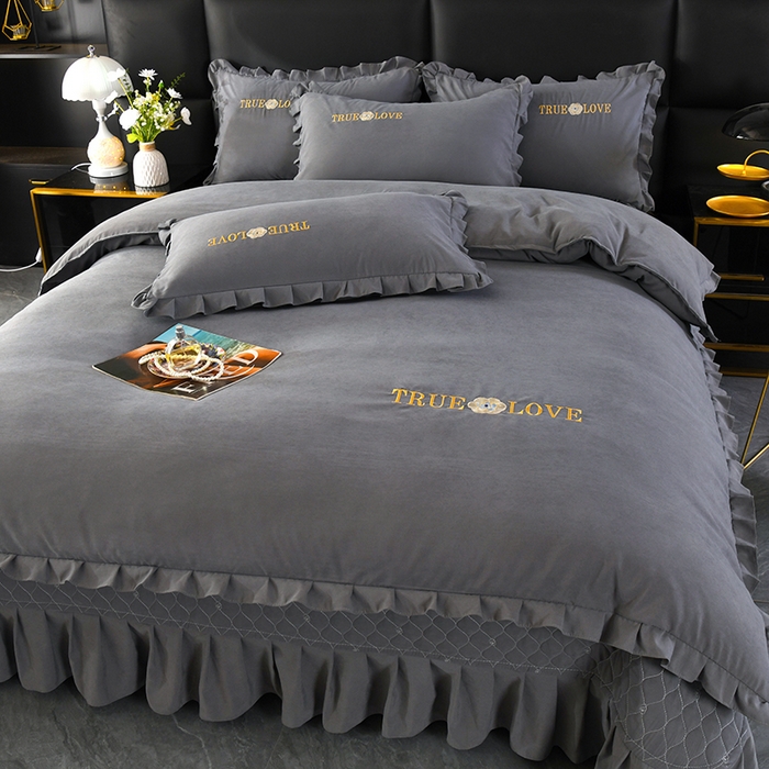 91家纺网 家纺一手货源 找家纺 代芙家纺 2025新款锦棉床盖四件套-花边款 花香-花边款-雅灰