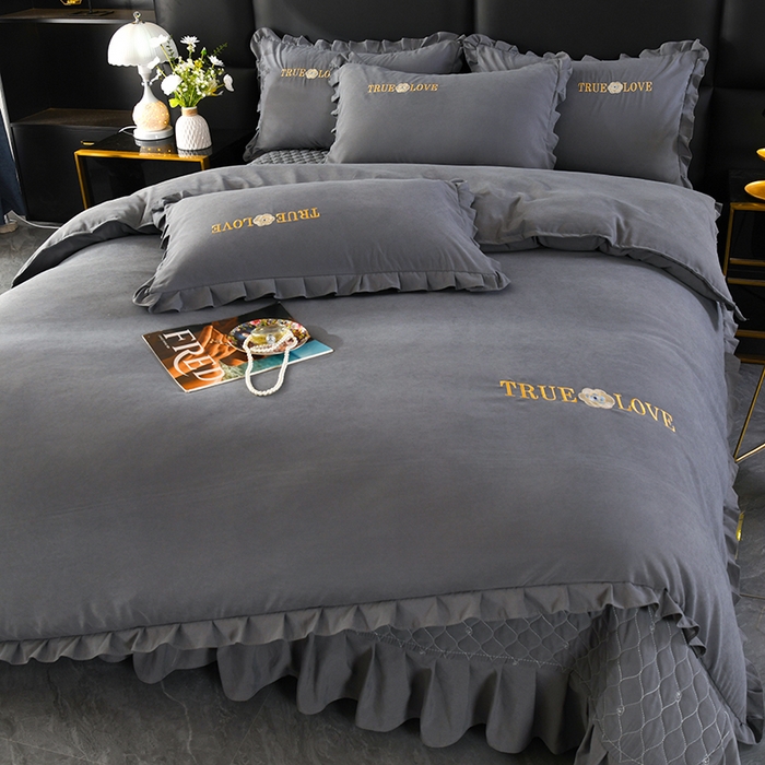 91家纺网 家纺一手货源 找家纺 代芙家纺 2025新款锦棉床盖四件套-花边款 花香-花边款-雅灰