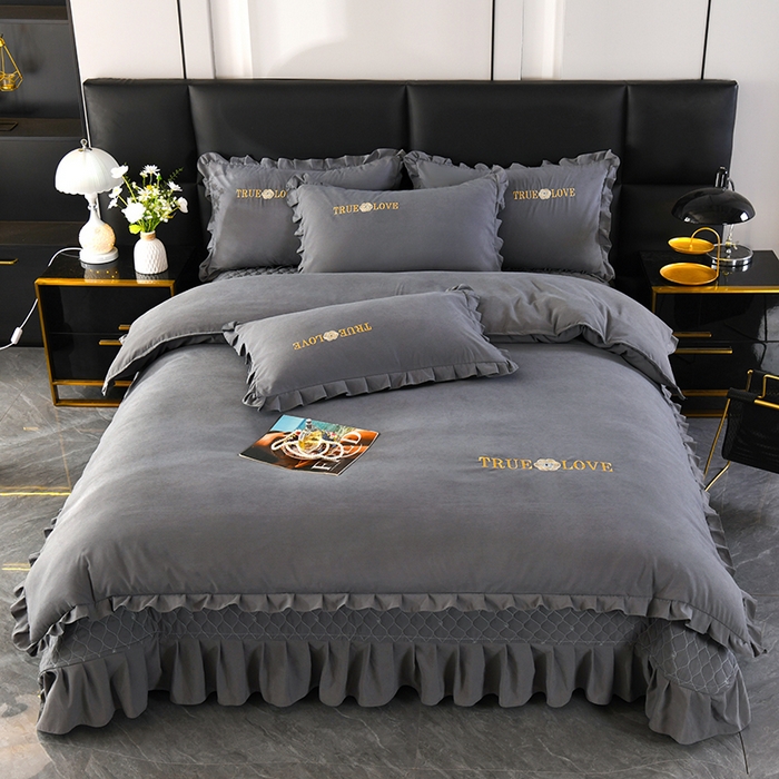 91家纺网 家纺一手货源 找家纺 代芙家纺 2025新款锦棉床盖四件套-花边款 花香-花边款-雅灰