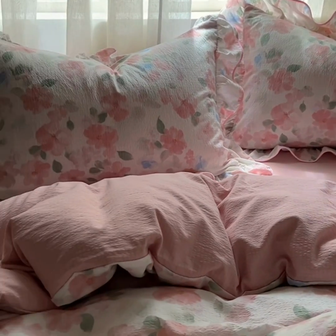 91家纺网 家纺一手货源 找家纺 春光里 2025新款亲肤舒适木棉皱皱纱花边四件套 旧梦蔷薇