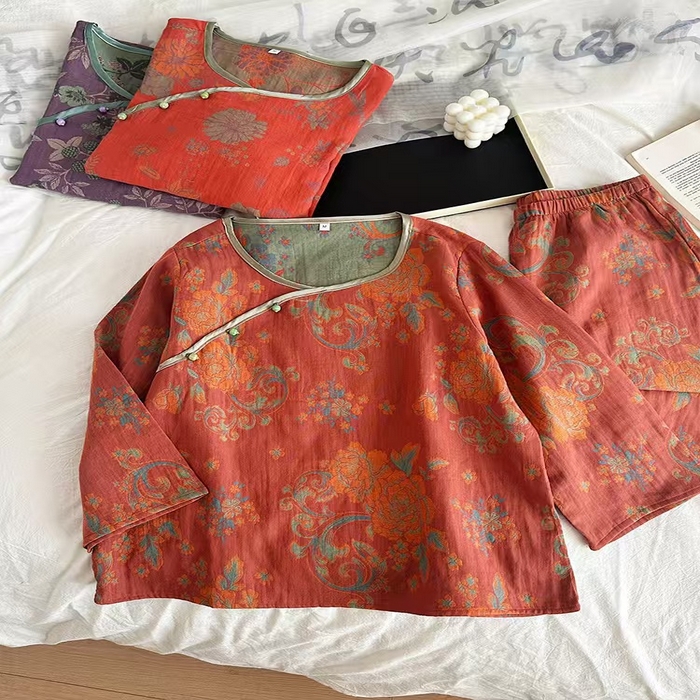 91家纺网 家纺一手货源 找家纺 洛兰沙家居馆【只代发】【只代发】 2025新款国风睡衣女春夏秋新中式薄款竹纤维居家服宽松外穿长袖家居服厂家 深红