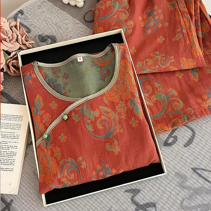 91家纺网 家纺一手货源 找家纺 洛兰沙家居馆【只代发】【只代发】 2025新款国风睡衣女春夏秋新中式薄款竹纤维居家服宽松外穿长袖家居服厂家 深红