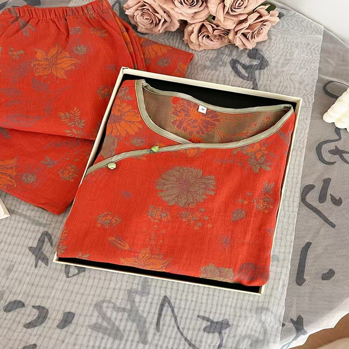 91家纺网 家纺一手货源 找家纺 洛兰沙家居馆【只代发】【只代发】 2025新款国风睡衣女春夏秋新中式薄款竹纤维居家服宽松外穿长袖家居服厂家 红色