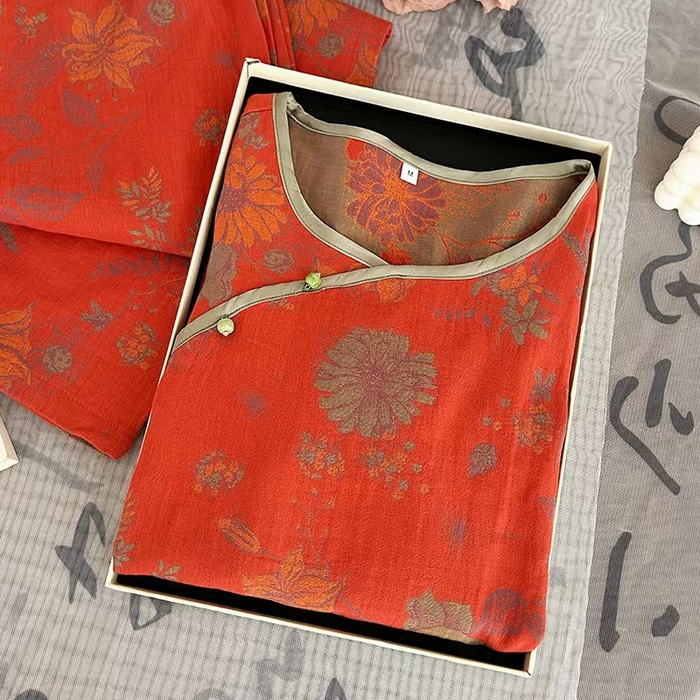 91家纺网 家纺一手货源 找家纺 洛兰沙家居馆【只代发】【只代发】 2025新款国风睡衣女春夏秋新中式薄款竹纤维居家服宽松外穿长袖家居服厂家 红色