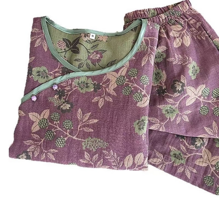 91家纺网 家纺一手货源 找家纺 洛兰沙家居馆【只代发】【只代发】 2025新款国风睡衣女春夏秋新中式薄款竹纤维居家服宽松外穿长袖家居服厂家 深紫