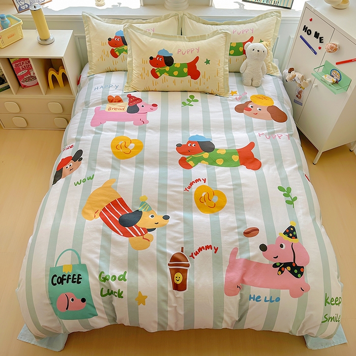 91家纺网 家纺一手货源 找家纺 浩诚 2025新款原创专版设计亲肤全棉纯棉印花四件套--有作品登记证书 腊肠小狗