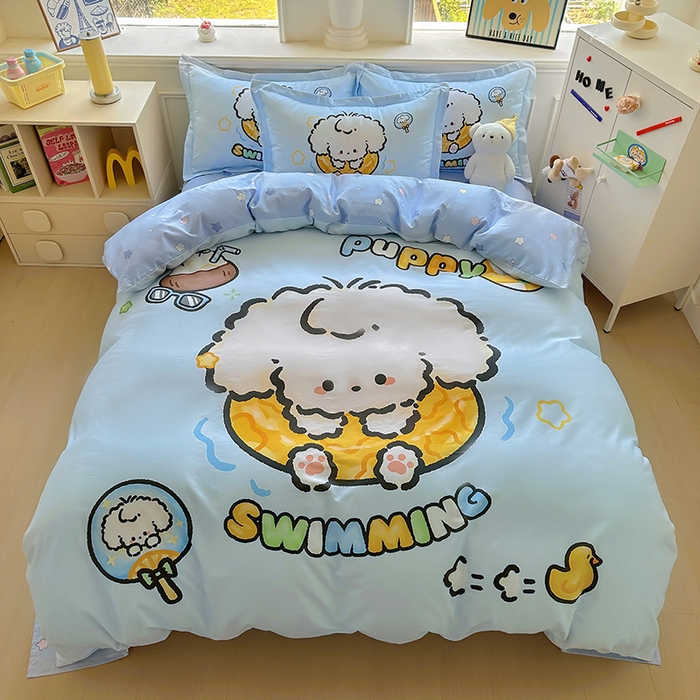 91家纺网 家纺一手货源 找家纺 浩诚 2025新款原创专版设计亲肤全棉纯棉印花四件套--有作品登记证书 泳圈小狗