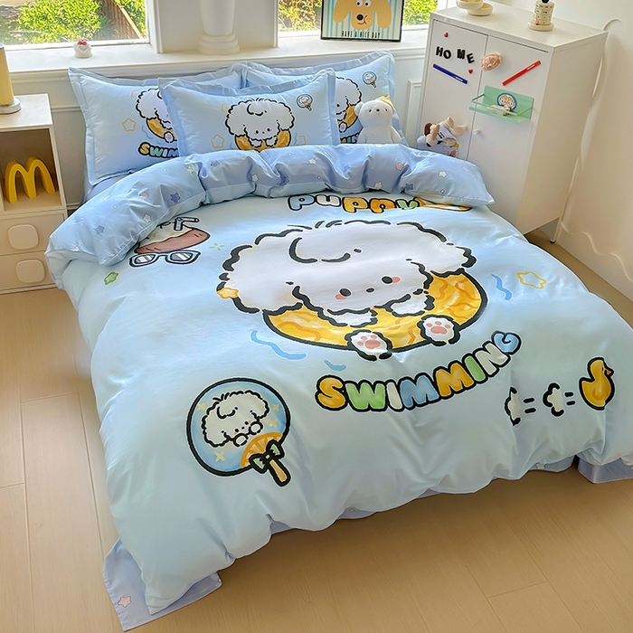 91家纺网 家纺一手货源 找家纺 浩诚 2025新款原创专版设计亲肤全棉纯棉印花四件套--有作品登记证书 泳圈小狗