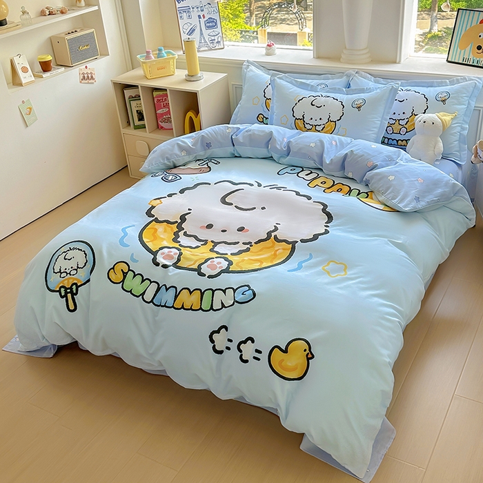 91家纺网 家纺一手货源 找家纺 浩诚 2025新款原创专版设计亲肤全棉纯棉印花四件套--有作品登记证书 泳圈小狗