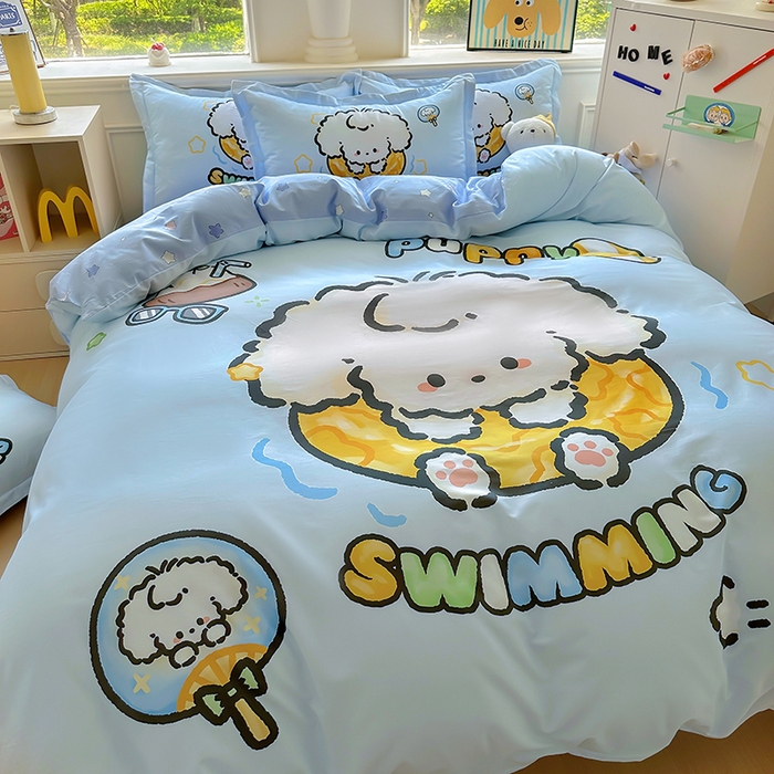 91家纺网 家纺一手货源 找家纺 浩诚 2025新款原创专版设计亲肤全棉纯棉印花四件套--有作品登记证书 泳圈小狗