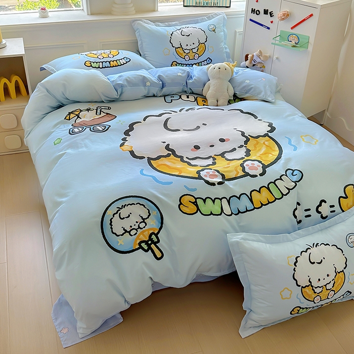 91家纺网 家纺一手货源 找家纺 浩诚 2025新款原创专版设计亲肤全棉纯棉印花四件套--有作品登记证书 泳圈小狗